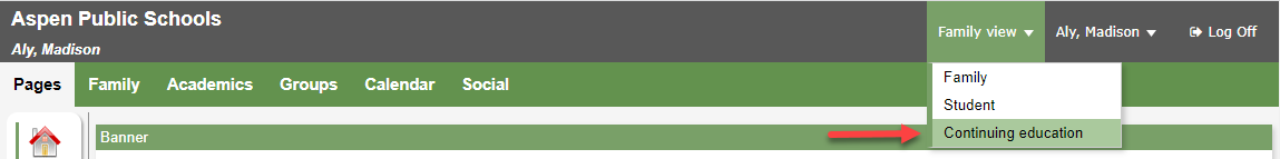 View drop-down with Continuing education selected
