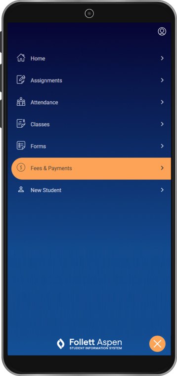 Family view Aspen Go menu with Fees & Payments highlighted