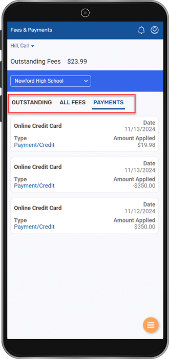 Fees & Payments screen with Outstanding, All Fees, and Payments sub-tabs highlighted