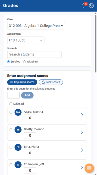 Grades screen