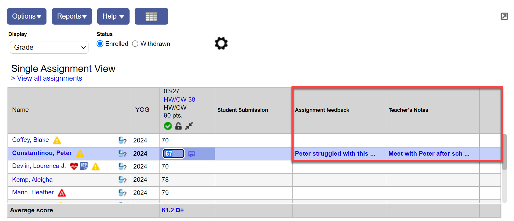Scores page, Single Student View, with Assignment feedback and Teacher's Notes